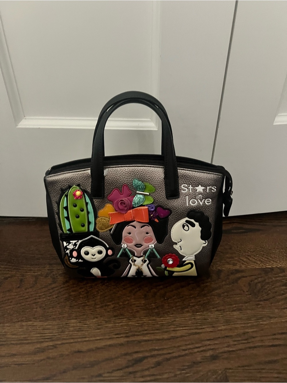 Metallic Gray Tote with Colorful Appliqué Accents